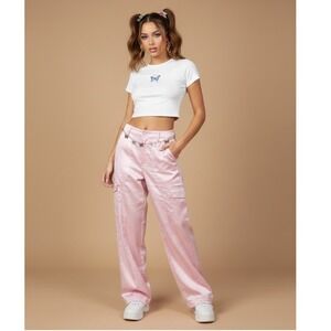 Dolls Kill Sugar Thrillz Affectionate Ways Pink Satin Baggy Cargo Pants Sz Small